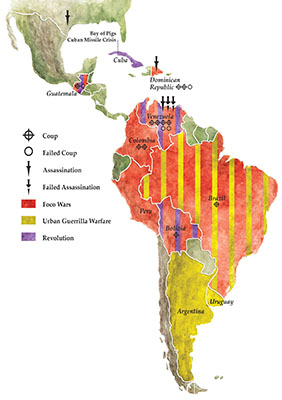 In the 1960s, Latin America was subject to a series of Foco wars and other insurgencies. The map depicts the instability that plagued the region.