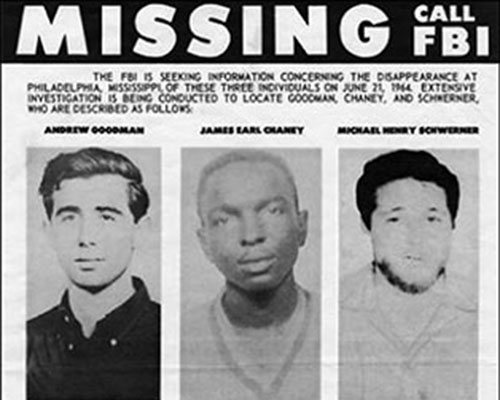 Andrew Goldman, James E. Chaney, and Michael H. Schwerner were CORE workers murdered by white-supremacists on 21 June 1964 near Philadelphia, Mississippi. Their gruesome deaths forced President Lyndon B. Johnson to send in Federal Bureau of Investigation (FBI) agents because local authorities were complicit  in the murders.