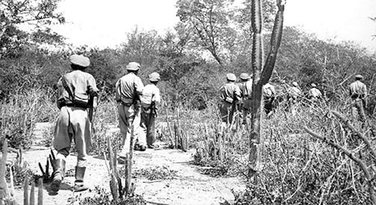 This photo shows a Bolivian patrol during the Chaco War. Note the inhospitable terrain of cactus and thorn bushes during the dry season. During rainy season the area becomes a swamp.