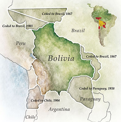 A legacy of loss. Since 1867 Bolivia has lost territory to Brazil, Chile, and Paraguay, almost equal to the present day country.