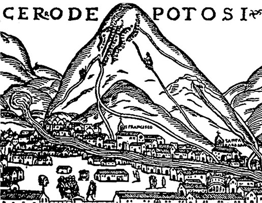 A 16th Century woodcut of Cerro Potosi shows the Cerro Rico (Rich Hill). This mountain of silver funded the Spanish Empire. Once the silver ran out, tin became the major export of the country.