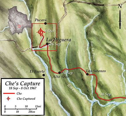 MAP: Che and his men fled from La Higuera into the San Antonio Canyon