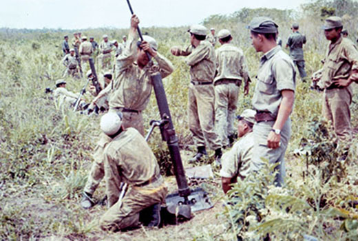 The Bolivian Army had long suffered from poor training and antiquated equipment. The influx of U.S. military equipment and personnel rapidly improved their capability in the 1960s. These U.S. WWII-era M-1 81 mm mortars with lightweight base plate were part of the Military Assistance Program given to the Bolivian Army.
