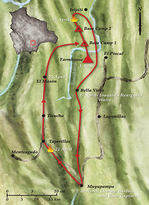 The <i>foco</i> left its camp on 1 April first heading north and then turning south toward Muyupampa. The decisions of the first month would have disastrous consequences.