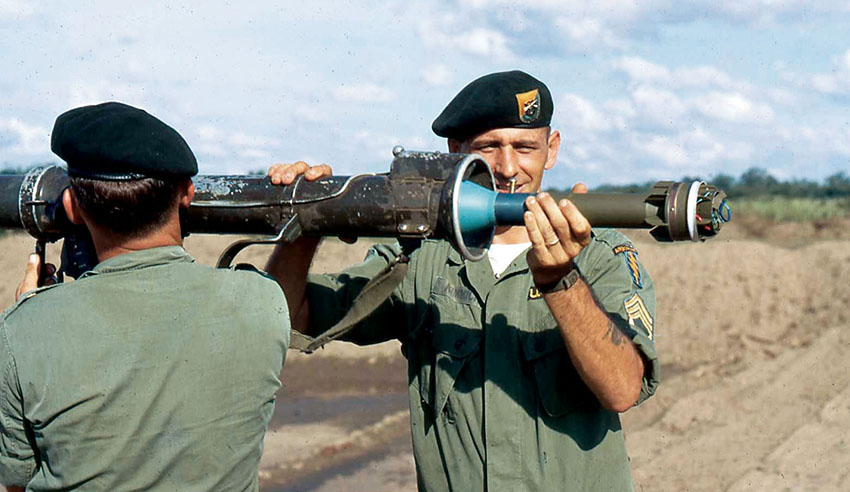 SFC Richard J. Kimmich demonstrates loading the M20A1 3.5-inch rocket launcher.