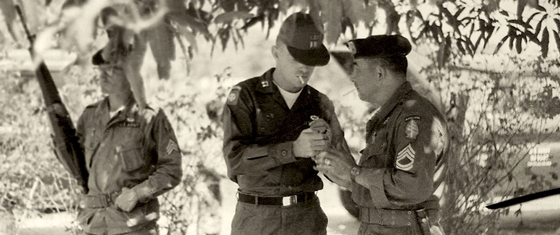 GT Byron R. Sigg, CPT Barry McCaffrey, aide to MG William DePuy, Special Assistant to the Secretary of Defense for Counterinsurgency and Special Activities (SACSA), and SFC Daniel V. Chapa during the general’s visit to La Esperanza, 7-9 August 1967.