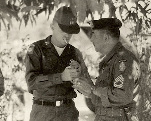 GT Byron R. Sigg, CPT Barry McCaffrey, aide to MG William DePuy, Special Assistant to the Secretary of Defense for Counterinsurgency and Special Activities (SACSA), and SFC Daniel V. Chapa during the general&rsquo;s visit to La Esperanza, 7-9 August 1967.