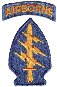 SF Shoulder Patch first issued to the 77th SFG with its original teal blue and gold Airborne tab.