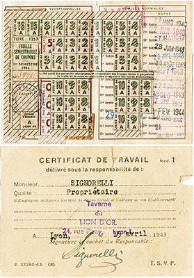 Top is one of his inaccurate ration books; bottom is his permit to work at “Taverne du Lion D’or.”