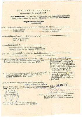 Release from Stalag XVII-B, including the forged Nazi stamp, detailing the reason for his discharge.