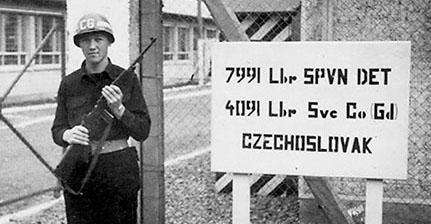 Private Frank Jaks performing guard duty at the main gate of theCzech 7991st Labor Service Detachment, 4091st LSC, Nuremberg, Germany, in 1952.