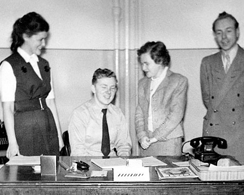 Private Vaclav Hradecky with his English instructors at Camp Grohn, Bremen, Germany in 1952.