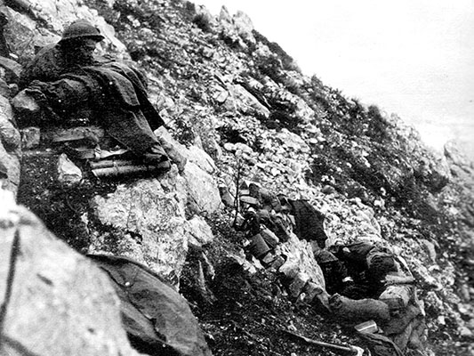 Troops of the British 56th Division dug into the hillside of Monte Camino.