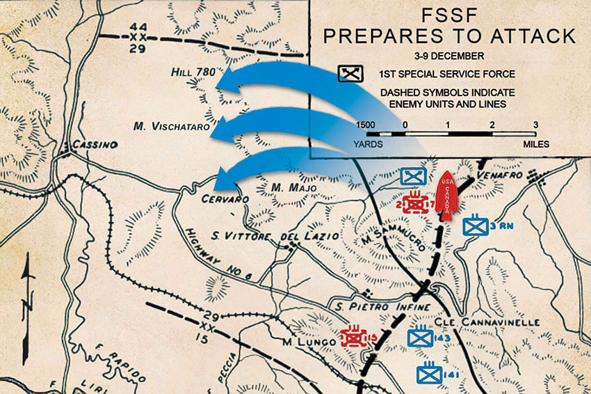 MAP: The Force took the summit of Monte Majo and Monte Vischataro, the last German strongholds on the Bernhardt Line.
