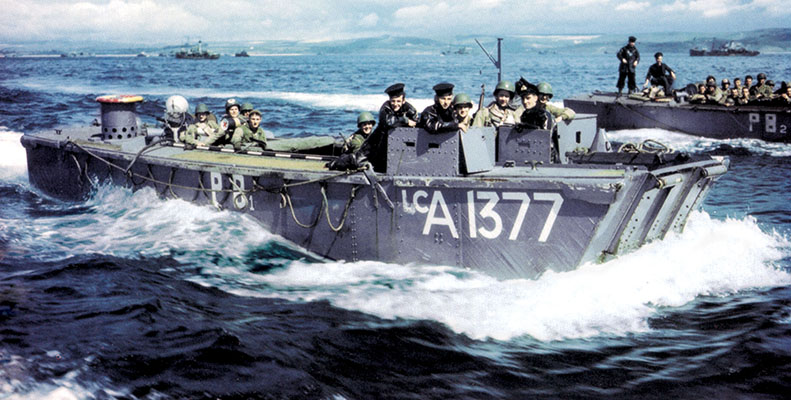 5th Rangers riding British Landing Craft Assault (LCA) 1377 to the HMS Prince Baudouin in preparation for the D-Day landings. The Rangers preferred the LCA because they had benches to sit on, speed, and an armored bow for protection.