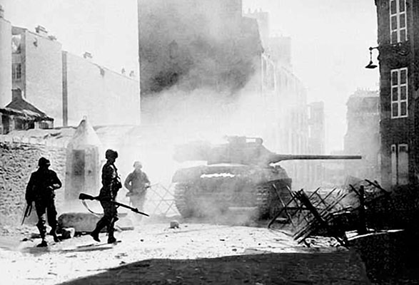 The cut off German troops on the Brittany Peninsula put up a tenacious defense. Once inside the port city’s defenses, the American soldiers had to fight house to house often using tanks and tank destroyers.