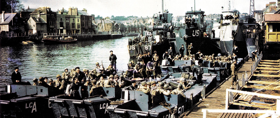 The 5th Ranger Battalion aboard landing craft in Weymouth, southern England, on 1 June 1944 (D-5). They were ferried from the quay to the landing ship HMS Prince Baudouin, which carried them across the English Channel to Normandy.