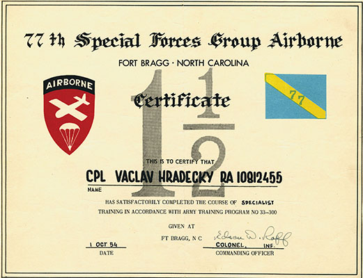 The SF MOS 1½ training certificate awarded to CPL Vaclav Hradecky on 1 October 1954 by COL Edson D. Raff, 77th SFG.