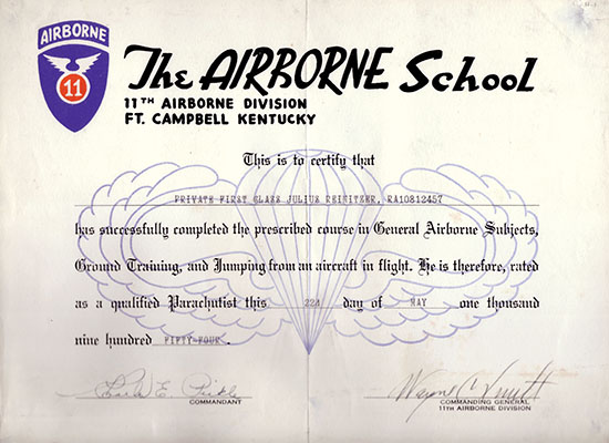 PFC Julius Reinitzer graduated from the 11th Airborne Division Jump School in May 1954.