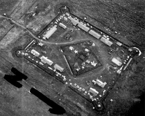 Aerial view of the CIDG camp at Bu Dop. The Viet Cong attacked the north and west sides of the camp. The SF billets were in the center of the camp.