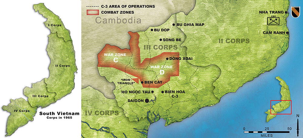 The III CTZ was a stronghold for the Viet Cong insurgency in 1965. From an elaborate network of bases in War Zones C and D and the “Iron Triangle,” the Viet Cong threatened the capital city of Saigon. South Vietnam was divided in four regions aligned with the four South Vietnamese Army Corps areas of responsibility called the Corps Tactical Zones (CTZs). The original MIKE Force was formed in the III CTZ that encompassed the capital city of Saigon.
