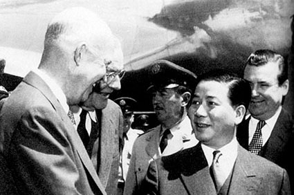 President Dwight D. Eisenhower and Secretary of State John Foster Dulles greeting Vietnamese President Ngo Dinh Diem on his visit to the USA in 1957. Arriving in Eisenhower’s personal airplane, Diem was hailed as the “Savior of Southeast Asia” by the president.