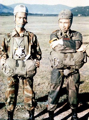 Officers of the 1st Vietnamese Observation Group (VOG) at Nha Trang, South Vietnam waiting to make a parachute jump. The VOG was the forerunner of the Lac Luong Dac Biet (LLDB), the South Vietnamese Special Forces, and was formed after a 1st SFG mobile training team mission to South Vietnam in 1957.