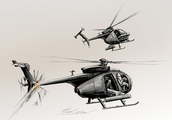 An artist’s rendition of the AH-6 VALIANT 42 being struck by a rocket.