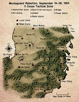 Map showing the areas affected by the Montagnard Rebellion.