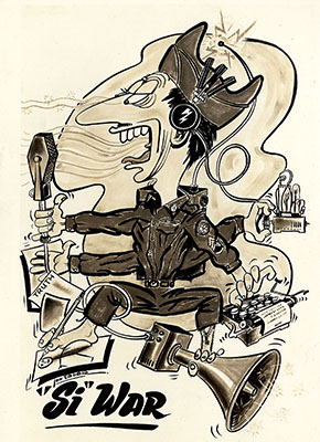 Caricature depicting a 6th U.S. Army Mobile Radio Broadcaster in action.