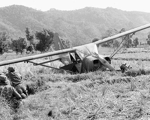 Casualty evacuation by air was not foolproof as shown by this wreckage of an L-5 near Namhkam, Burma on 20 January 1945. Uneven and improvised landing fields claimed many aircraft.