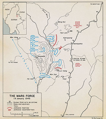 MAP: on 17 January 1945, the MARS Task Force surprised the enemy by marching deep into their territory and attacking the Burma Road.