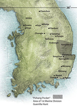 MAP: The Pohang Pocket was selected by the NKPA to base their guerrilla effort against UN and ROKA forces.