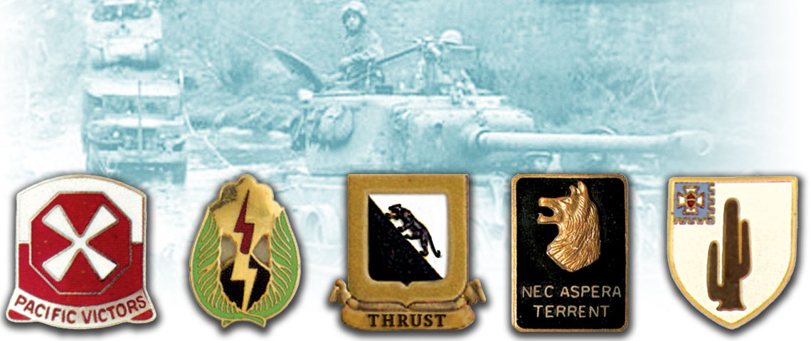 Distinctive unit insignia (DUI), left to right: Eighth Army, 25th Infantry Division, 89th Medium Tank Battalion, 27th Infantry Regiment, 35th Infantry Regiment