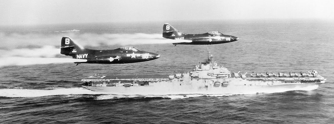 The U.S. Navy committed a huge force early in the Korean War. Among the nearly two hundred ships that participated in the Wonsan landings were aircraft carriers, such as this one. They carried a range of aircraft, including jets like the F9F Panther.