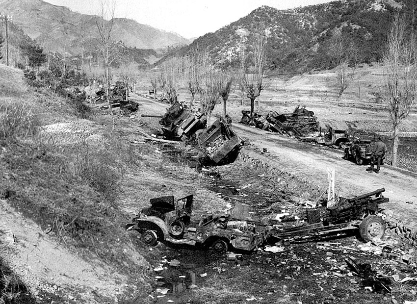 All that remained after those fateful days when the 2nd Infantry Division ran the “gauntlet” of fire blocks at Kunu-ri were those abandoned and destroyed vehicles that the Chinese could not “cannibalize.”