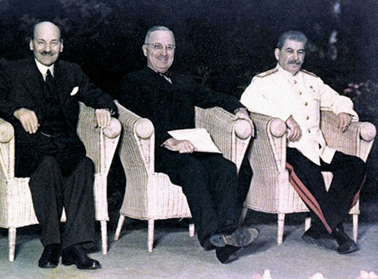 British Prime Minister Clement Atlee, President Harry S. Truman, and Premier Joseph Stalin at Potsdam, July 1945.