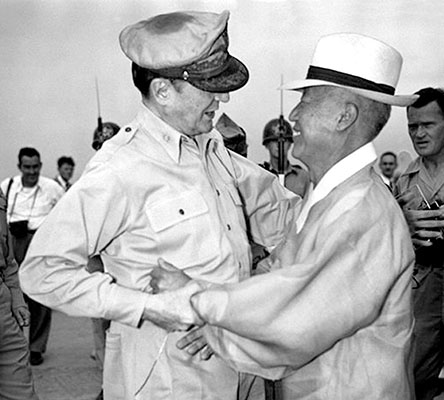 Supreme Commander Allied Powers (SCAP) General Douglas A. MacArthur greets South Korean President Syngman Rhee upon his first visit to Korea in August, 1944.