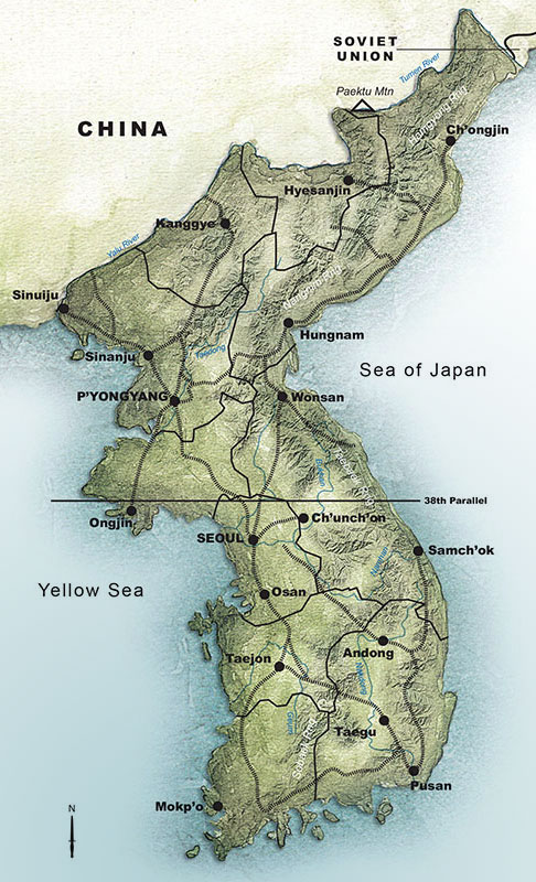 The Korean Peninsula, located between the Sea of Japan and the Yellow Sea, borders China and Russia. North Korea is mostly mountainous with considerable natural resources, contrasting with the agricultural plains located throughout South Korea.