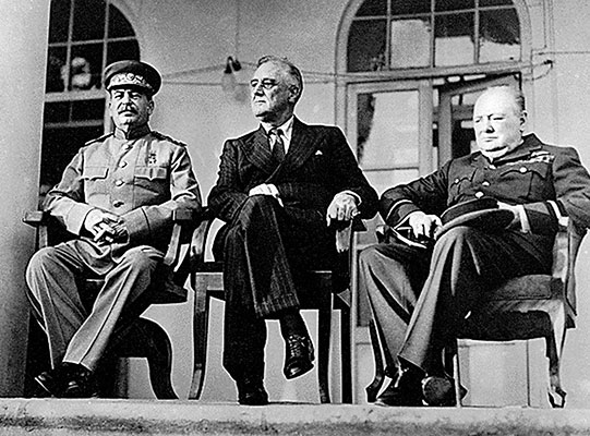 Soviet Premier Joseph Stalin, President Franklin D. Roosevelt, and British Prime Minister Winston Churchill at Yalta, February 1945.