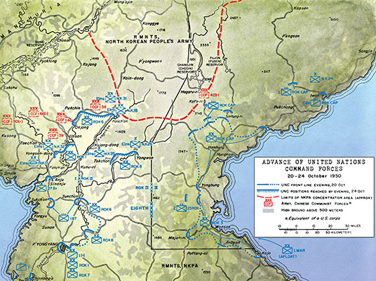 Map reveals the extent of the UN advances in the east and west after five CCF (Communist Chinese Forces) Armies launch massive counterattacks to halt the Allied offensive and cause withdrawals south of the 38th Parallel.
