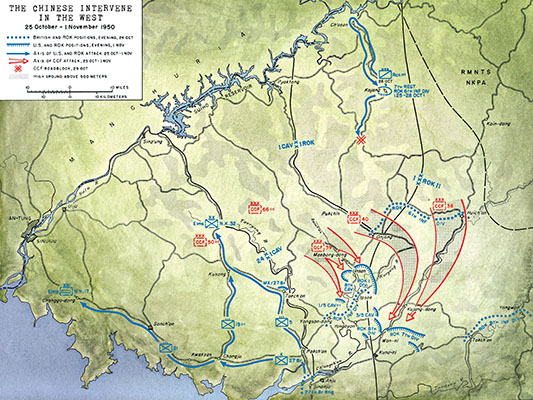 Detailed limits of advance by UN regimental forces when they are countered by CCF Armies.