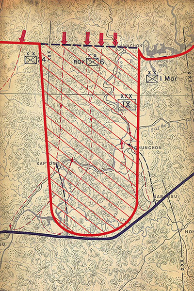 The Communist Spring Offensive main attack concentrated on the ROK 6th Division’s front on 23 April 1950 and created an almost twenty-one mile U-shaped penetration of UN lines between the 24th Infantry Division and the 1st Marine Division.