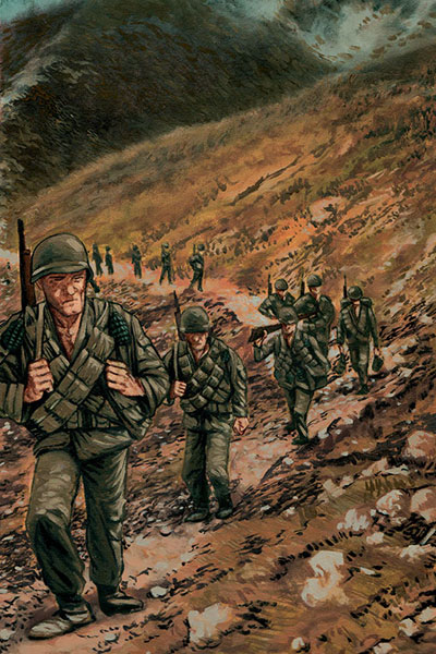 The men carried their combat packs, two days rations, bedrolls, mountain bags, and four to six grenades. The riflemen had three or four bandoliers of ammunition.