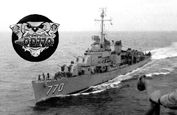 During Seaman Lorenzo Ghiglieri’s first duty assignment aboard the USS Lowry (DD-770) he won the ship’s logo contest for his sketch of a tiger “jaw locked” on a torpedo.