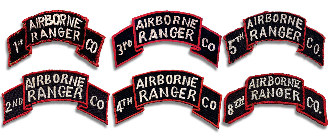 Airborne Ranger patches of the 1st, 2nd, 3rd, 4th, 5th, and 8th companies.