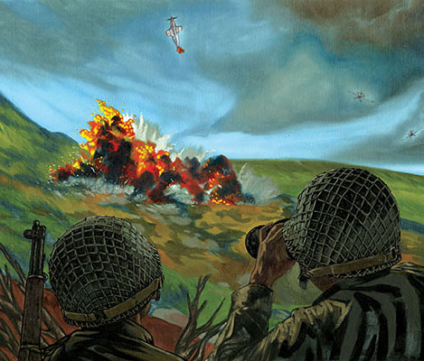 As the Rangers moved up Hill 581, an airstrike of F-51 Mustang fighters dropped napalm on slopes ahead of them.
