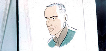 The fourth 1st L&L Company commander, Infantry CPT Raymond E. Forbes, poses below his caricature in the Korea Cabana Club. Publications Platoon illustrators established the tradition.