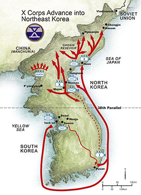 The axis of advance arrows for the X Corps offensive into North Korea.