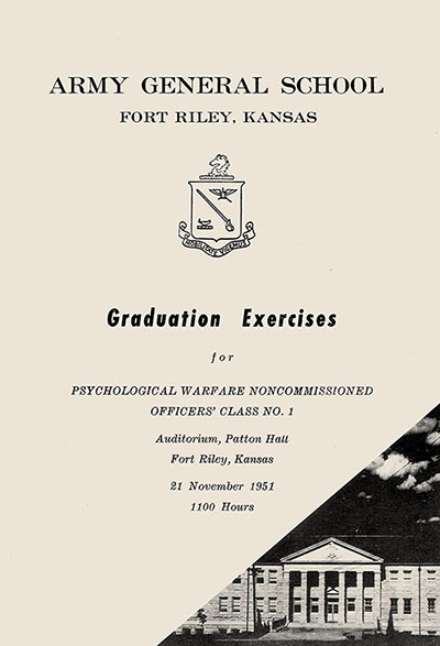 In 1951 and 1952, the Psychological Warfare Department (PWD) of the Army General School held four officer and two enlisted Psywar classes, ultimately producing 334 graduates from all four services and some Allied nations